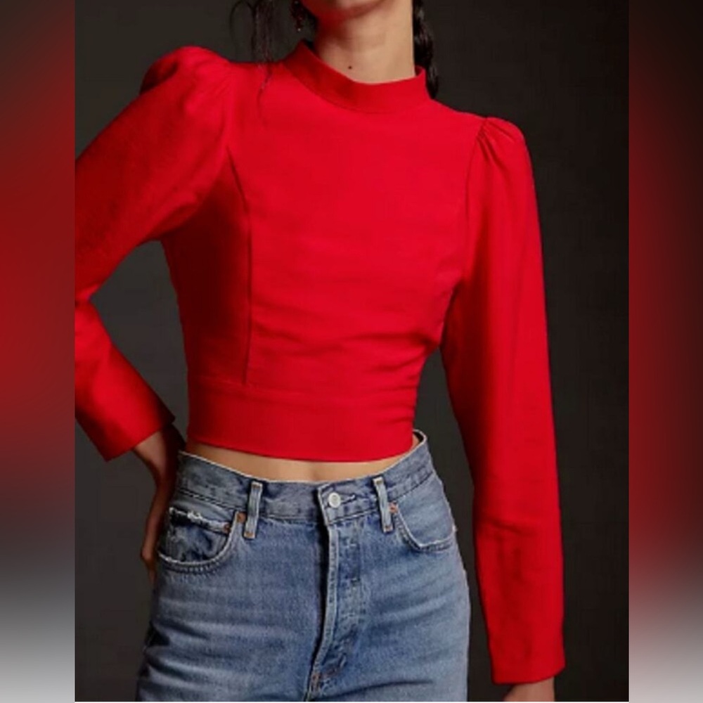 Anthropologie Red Crop Blouse w/ Open Tie Back
